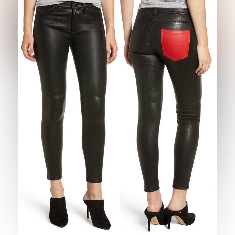 Current/Elliott 100% Leather The Stiletto black skinny red pocket pants sz.23